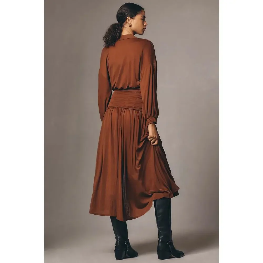 Anthropologie Maeve Ruched Wool Blend Midi Dress Brown Size M NWT